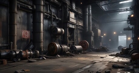 Dark grunge background with scattered industrial objects , dark grunge, gritty atmosphere, abandoned factory