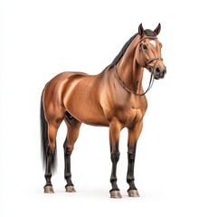A majestic brown Oldenburg horse stands elegantly, showcasing its strength and grace in a serene environment.