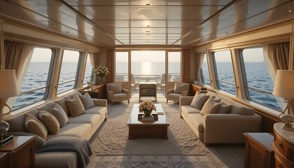 Luxurious yacht interior with comfortable seating and scenic ocean view for tourism