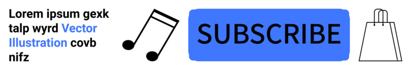 Large blue SUBSCRIBE button, musical note icon, shopping bag icon, and placeholder text Lorem ipsum.... Ideal for websites, landing pages online stores music platforms newsletters marketing