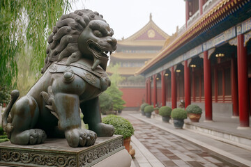 Bronze Guardian Lion in Chinese Temple Courtyard  .