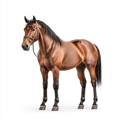 Obraz premium A majestic brown Westfalen horse stands proudly, showcasing its strong build and graceful posture in a clean white background.