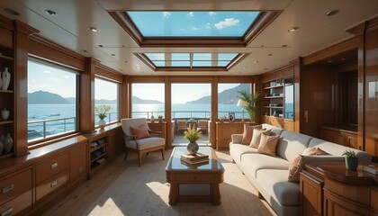 Fototapeta premium Luxurious yacht living room with panoramic windows and stunning ocean views
