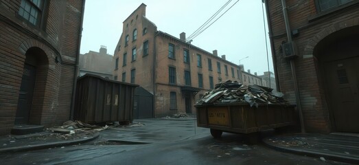 Grimy alleyway, crumbling brick buildings, overflowing dumpster, rain-slicked street, gritty,shadow,brick