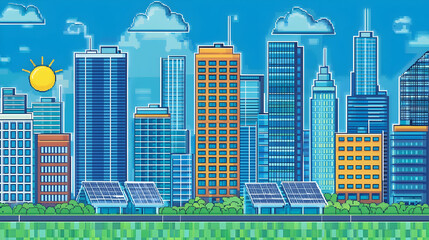 Obraz premium Colorful pixel art city skyline with solar panels, sunny day.