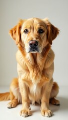 Regal golden retriever gazing straight ahead on white surface, dignified, calm, serene