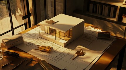 Minimalist House Model with Keys and Documents