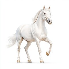 Fototapeta premium A majestic white Andalusian horse gracefully prancing, showcasing its beauty and elegance in a captivating display of strength and grace.