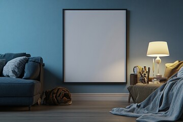 Monochrome Wall with Blank Frame in Realistic Room