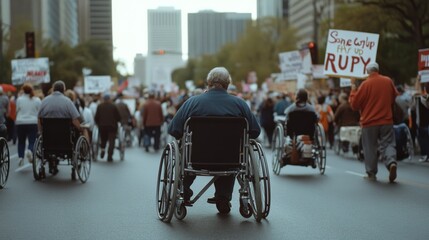 A powerful protest scene from behind, featuring individuals in wheelchairs among a diverse crowd, with signs advocating for disability rights.