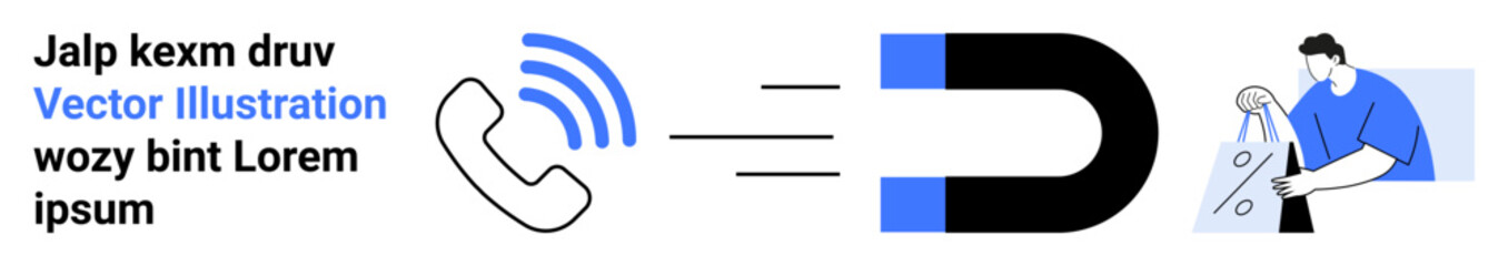 Phone icon emitting signal, magnet symbolizing attraction, person analyzing data. Ideal for customer service, inbound calls, telecommunications, customer retention, tech support, user experience