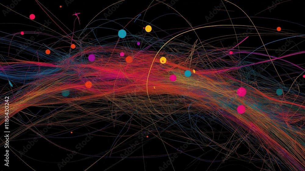 Poster vibrant abstract lines with colorful dots on black background