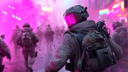 Soldier, neon city riot, fleeing crowd, action game