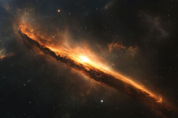 Fototapeta premium Fiery cosmic nebula, glowing orange and gold in the dark expanse of space.