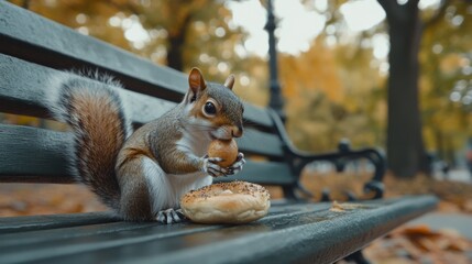 A squirrel munches on a bagel atop a park bench in autumn, capturing a moment of natural instinct amid urban life.