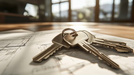 Shiny Metal Keys on Blueprints in a Modern Office