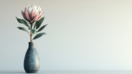 Single pink protea flower in a dark grey vase against a light wall.