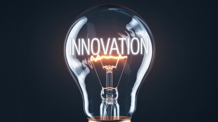 Light bulb with word innovation, idea concept, dark background