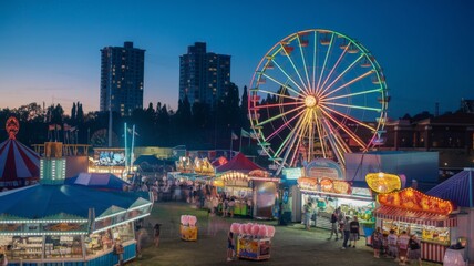Amusement park with lots of colorful lights and various rides