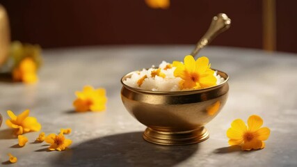 Traditional Indian sweet dish Kheer in golden bowl with flowers. Festive food for celebrating Navratri, Onam, Pongal, Janmashtami, Ganesh Chaturthi, Dussehra, Diwali, Ugadi