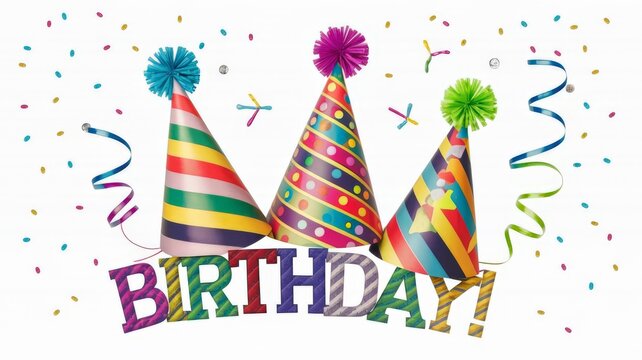 Colorful birthday cap, white background with confetti and streamers, celebration concept