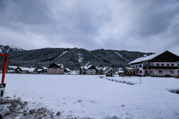 view of snowy village in German Fussen winter sunlight
