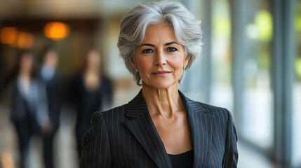 Portrait of a mature woman with silver hair, formal suit, and confident expression in a corporate setting. Generated with AI.