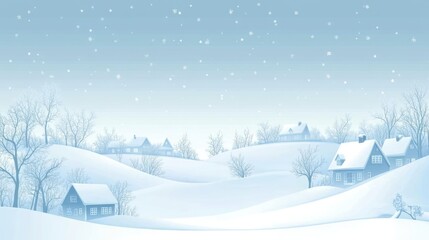 Snowy village winter landscape, snowfall, hills, houses, Christmas card