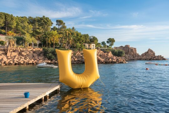Yellow air mattress in the shape of the letter U, summer and vacation concept