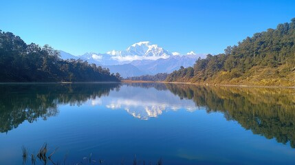 Serene Lake Reflecting Snow-Capped Mountains Under Clear Blue Sky