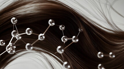Strand of hair with molecules. Nanotechnology for healthy and beautiful hair.