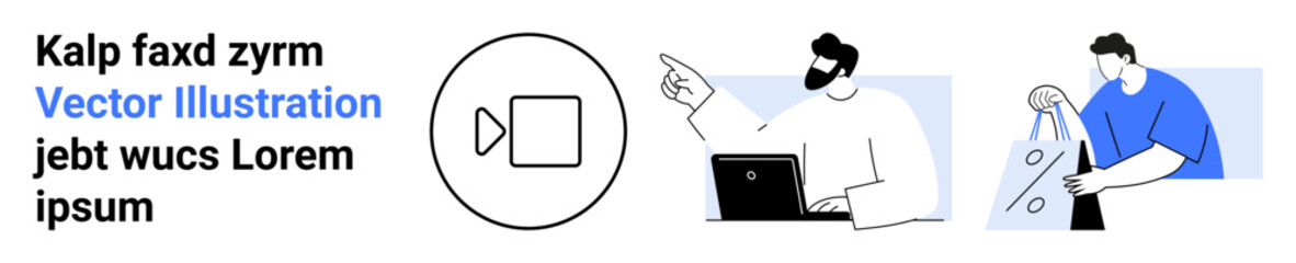 Businessman pointing at laptop screen, another character carrying shopping bags. Ideal for remote work, e-commerce, business collaboration, online shopping, web design, communication, tech industry