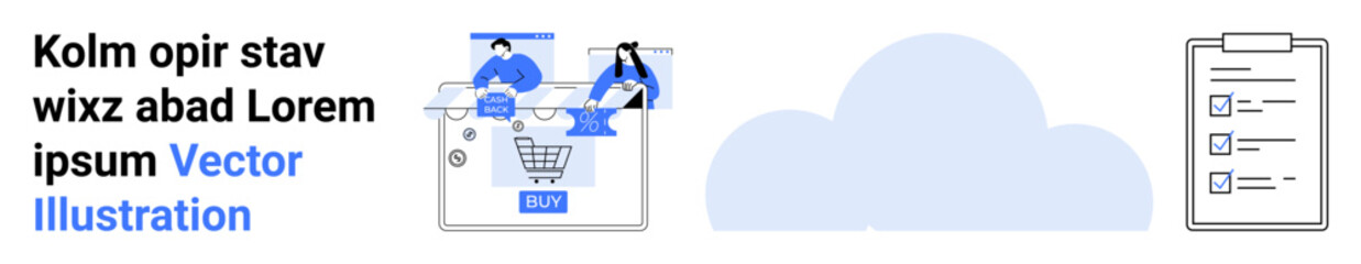 Business team working on e-commerce project, cloud integration in middle, checklist on clipboard, blue white color theme. Ideal for teamwork, project management, e-commerce presentations, cloud