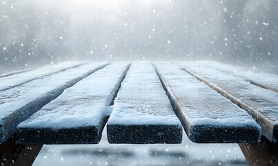 Snow-Covered Wooden Plank Table with Snowfall and a Chilly