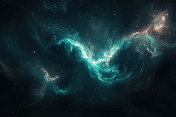 Celestial swirls of teal and gold illuminate the deep, dark cosmos.