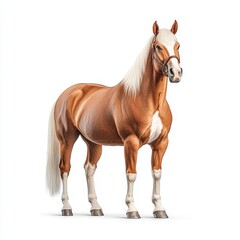 Naklejka premium A stunning chestnut Morgan horse stands confidently, showcasing its muscular physique and elegance against a clean white background.