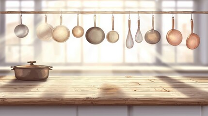 Elevated viewpoint bright kitchenware and culinary action in a modern kitchen