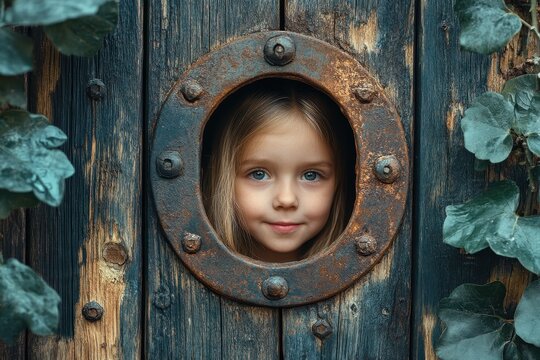 An eight year old girl gazes through an old wooden gate s keyhole outside