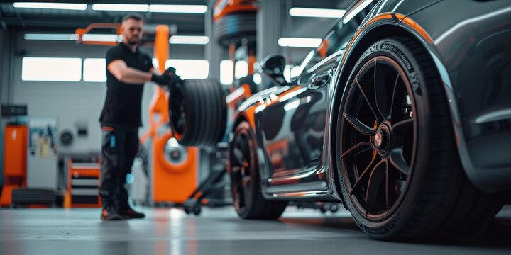 A male mechanic in a garage prepares to change a tire on a luxury sports car. The dark colors and the focus on the tire create a dramatic mood.