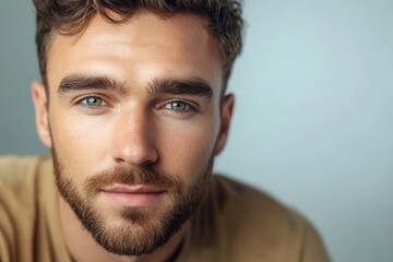 Fototapeta premium Close up portrait of a stylish young man with a beard against a white backdrop