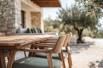 Fototapeta premium Outdoor dining area with modern wooden furniture under olive trees