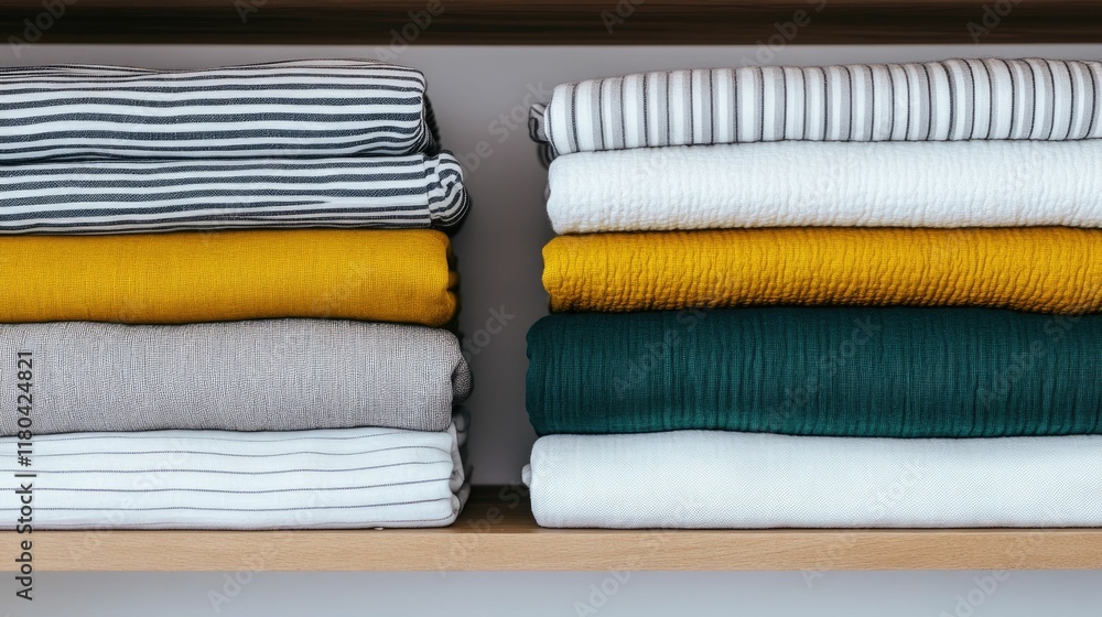 Poster organized closet shelves with neatly stacked and decluttered linens textiles and household items for