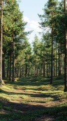 Obraz premium Serene Pathway Through Lush Green Forest with Tall Pine Trees