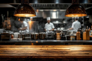 Contemporary kitchen with chefs preparing dishes, warm lighting, and a rustic wooden counter in a vibrant restaurant atmosphere showcasing culinary creativity