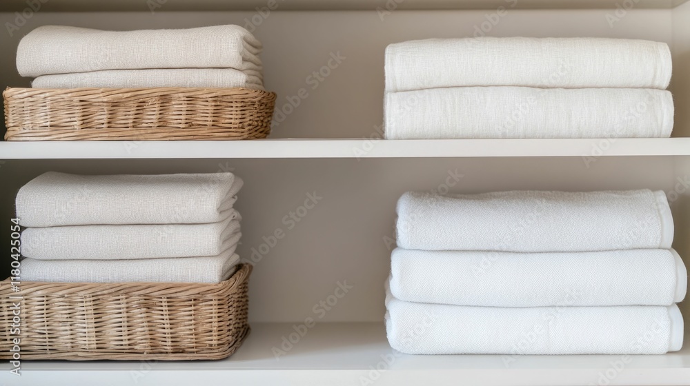 Poster tidy and organized closet space with stacked towels linens and decluttered shelves creating a sense 