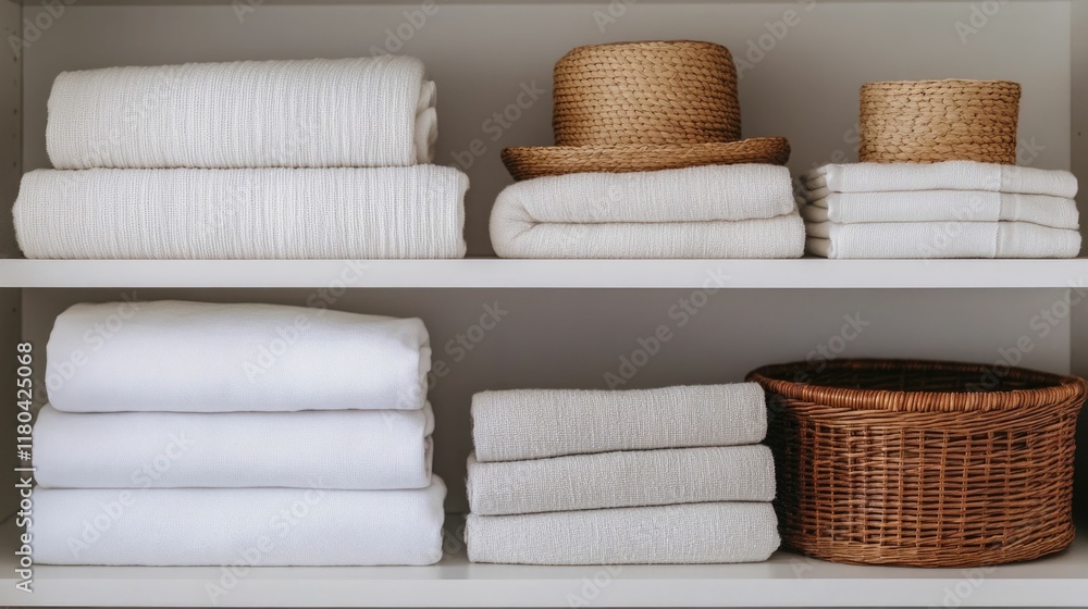 Aufkleber neatly organized closet shelves with stacked folded linens towels and wicker baskets for a declutter