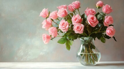 Fototapeta premium A large bouquet of light pink roses in a clear glass vase sits on a white surface against a muted gray background.