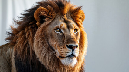 Majestic male lion portrait, intense gaze, golden mane, wildlife.