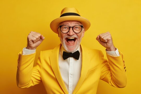 Excited elderly performer celebrating a lottery win in flashy attire against a yellow backdrop