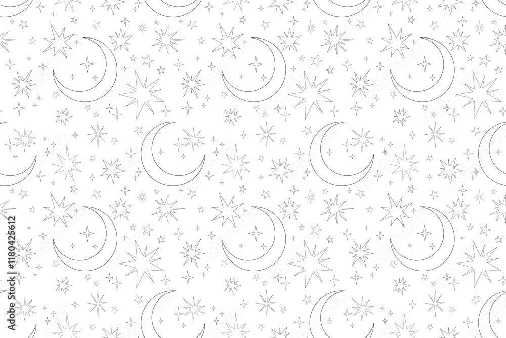 Canvas Prints rectangular seamless pattern stars and moons outline on white background